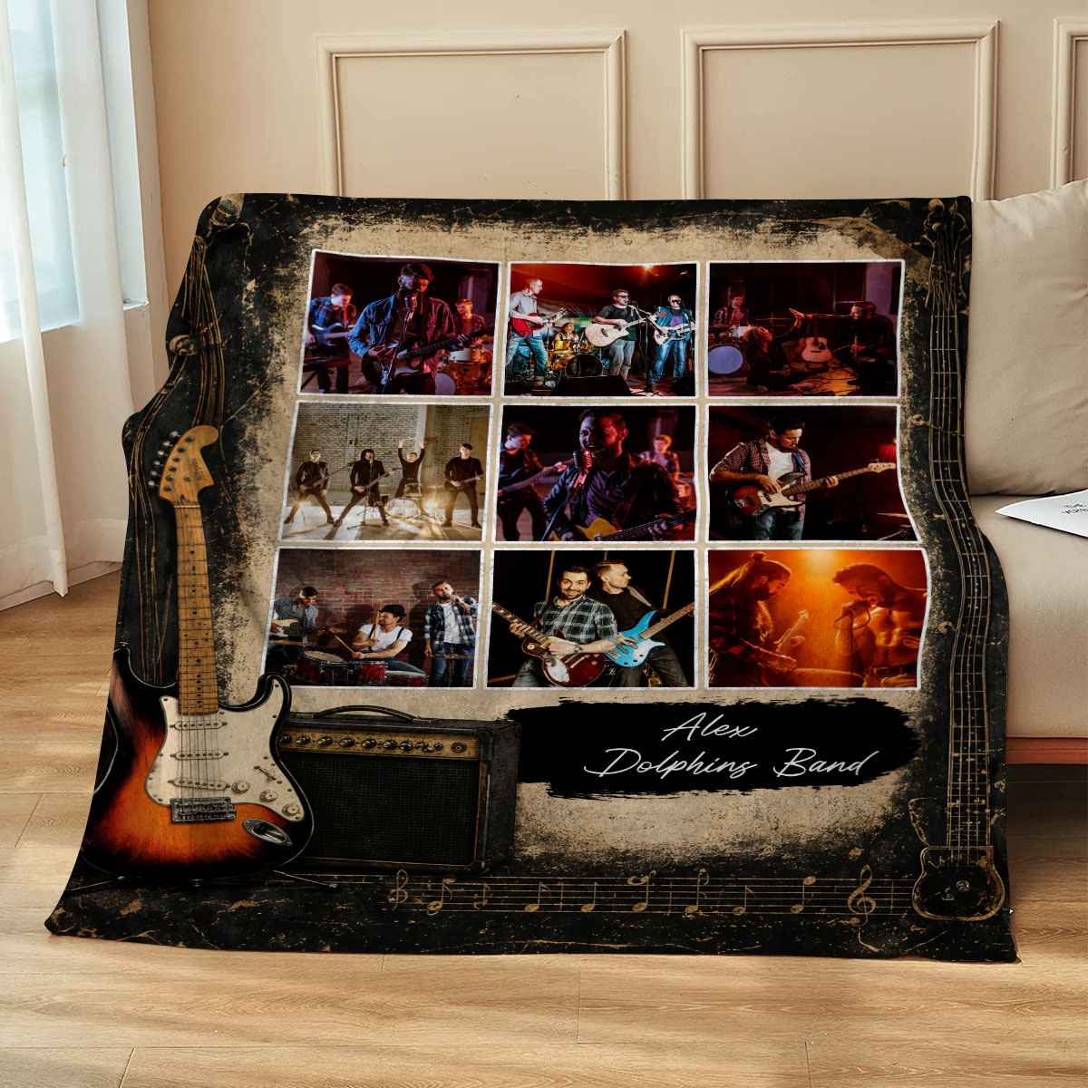 Custom Rock Band Photo Collage Blanket – Personalized Guitar Music Throw among Bandmates