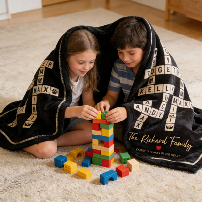 Custom Crossword Family Names Blanket - Personalized Scrabble Tile Throw for Mom