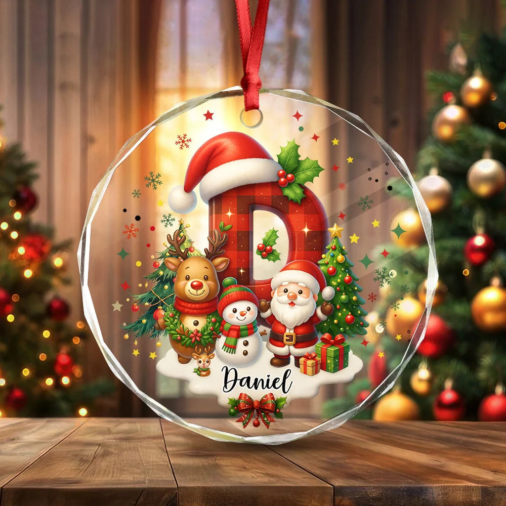 Personalized Christmas Glass Ornament with Buffalo Plaid Letter & Name - Custom Holiday Gift for Kids & Family