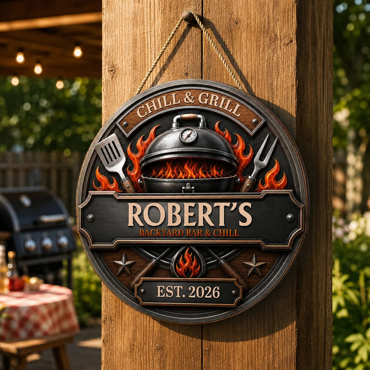 Chill & Grill Personalized Backyard BBQ Wood Sign - Custom Patio Decor for Dad & Husband