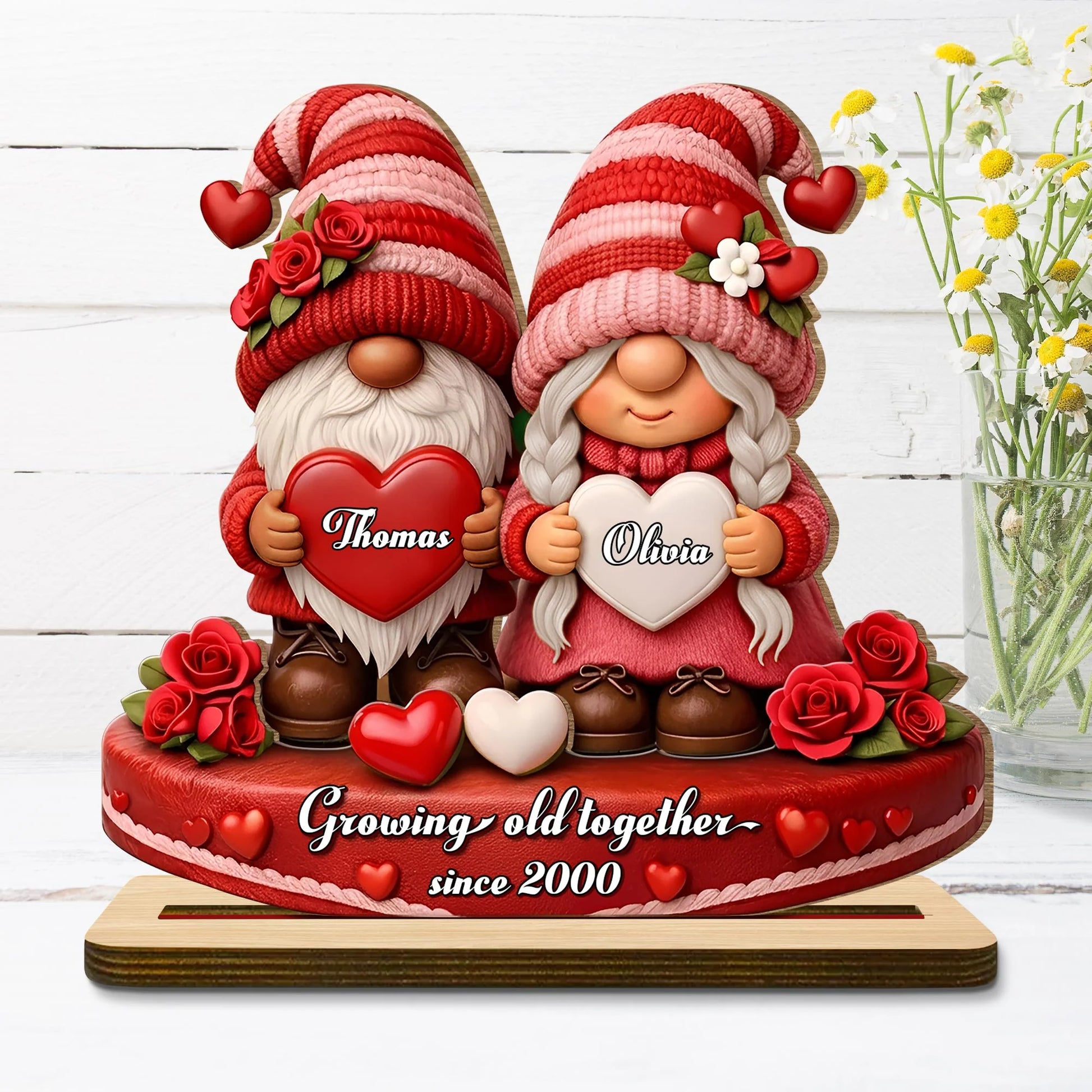 Growing Old Together Since Custom Couple Wood Plaque - Personalized Gnome Anniversary Gift