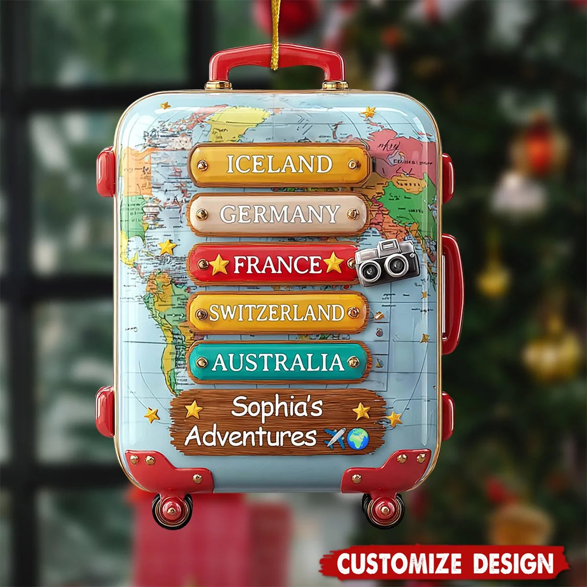 World Travel Suitcase Personalized Wooden Ornament - Custom Vacation Keepsake Gift for Travelers