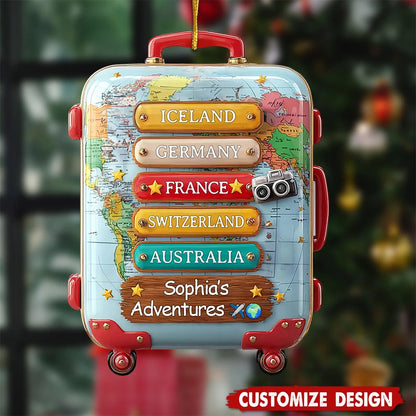 World Travel Suitcase Personalized Wooden Ornament - Custom Vacation Keepsake Gift for Travelers