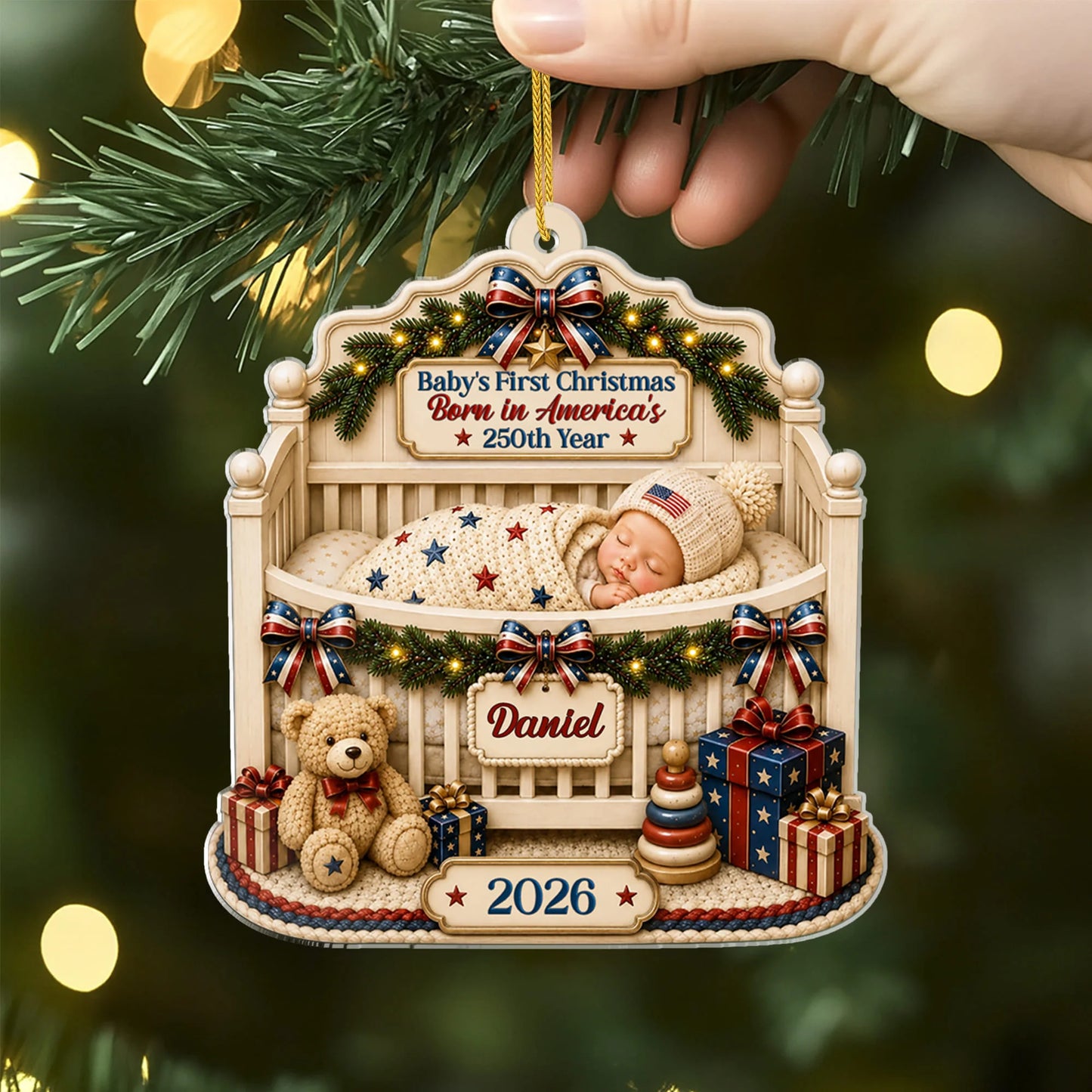 "Baby's First Christmas Born in America's 250th Year" - Personalized Acrylic Ornament Gift