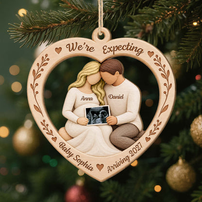 "We're Expecting" Personalized Wooden Ornament - Custom Ultrasound Photo Christmas Keepsake for Expecting Parents