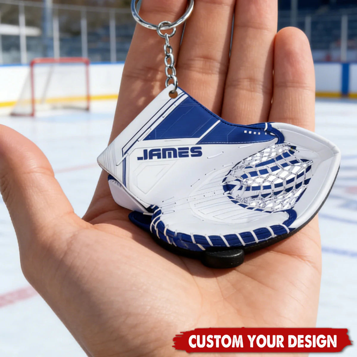 Personalized hockey keychain with custom name on a goalie glove design charm for players and fans