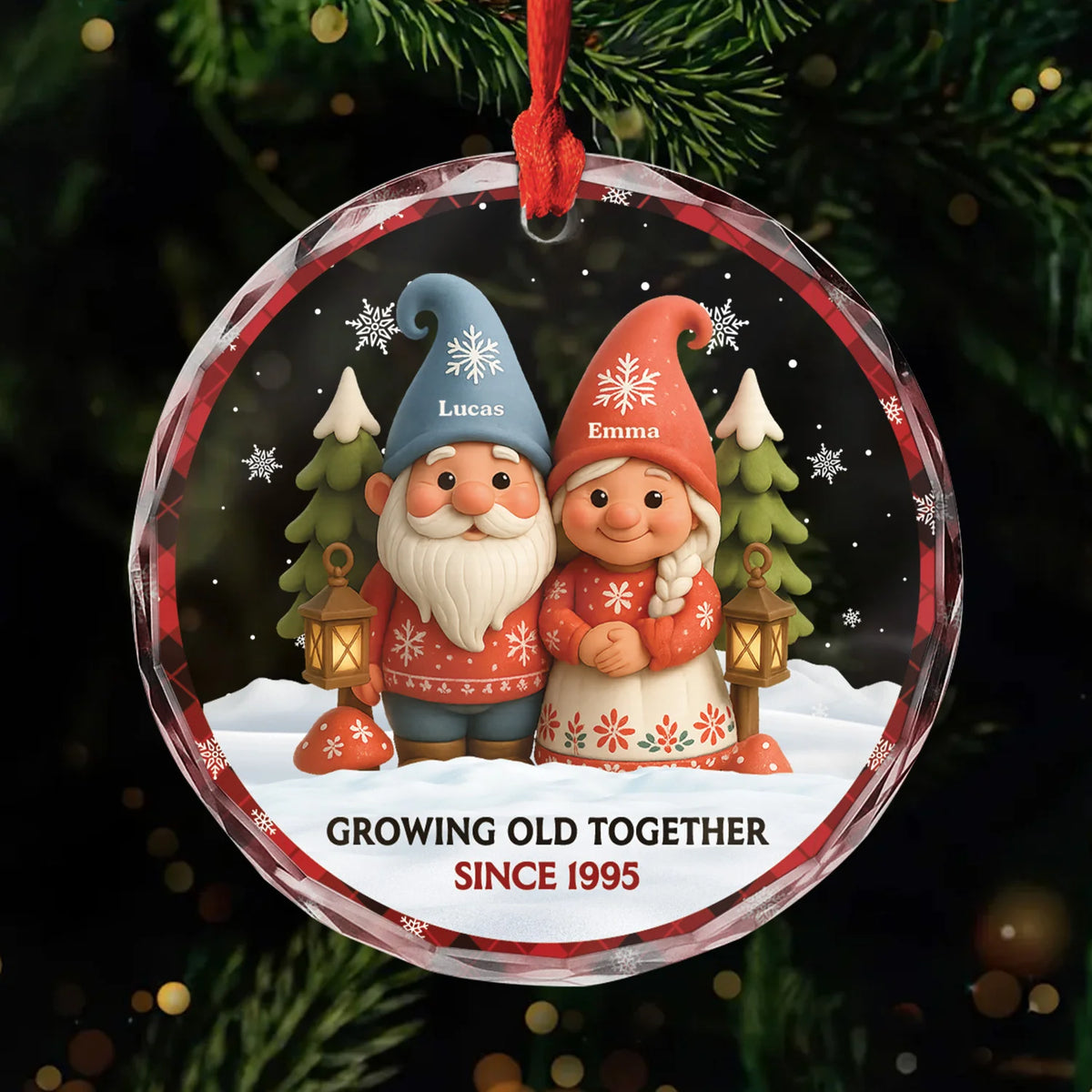 "Growing Old Together" Personalized Gnome Glass Ornament - Custom Christmas Gift for Couples