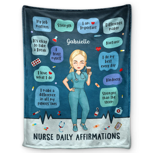 Personalized nurse daily affirmation blanket with custom avatar and positive quotes for healthcare heroes