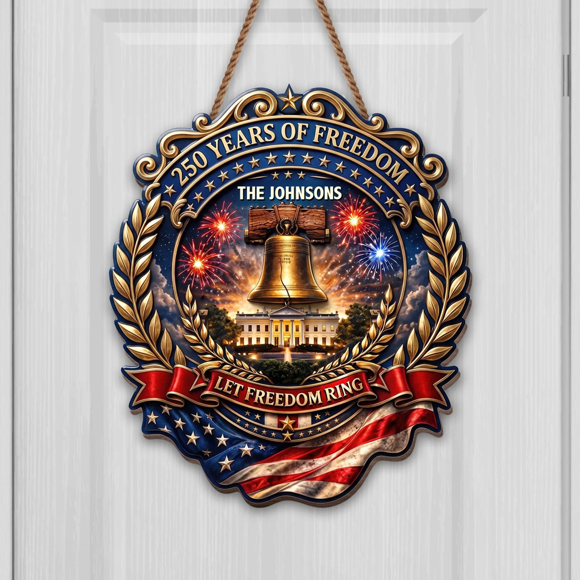 Custom 250 Years of Freedom patriotic wood sign featuring the Liberty Bell and American flag for family home decor