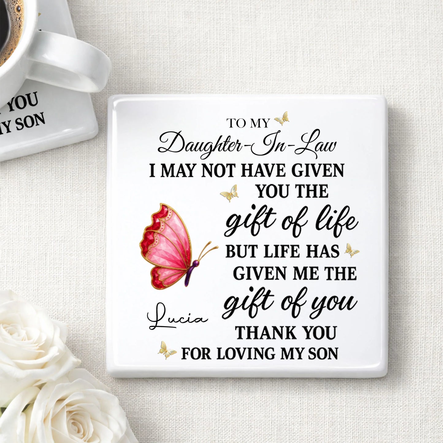 Personalized daughter in law ceramic coaster with butterfly design and touching message