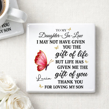 Personalized daughter in law ceramic coaster with butterfly design and touching message