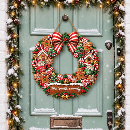 Personalized Christmas Gingerbread Wreath Wood Sign - Family Holiday Decor