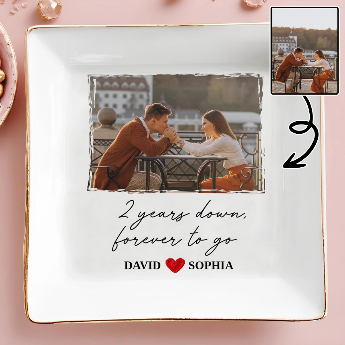 Two Years Down Forever To Go Custom Photo Ring Dish - Personalized Ceramic Couple Jewelry Tray
