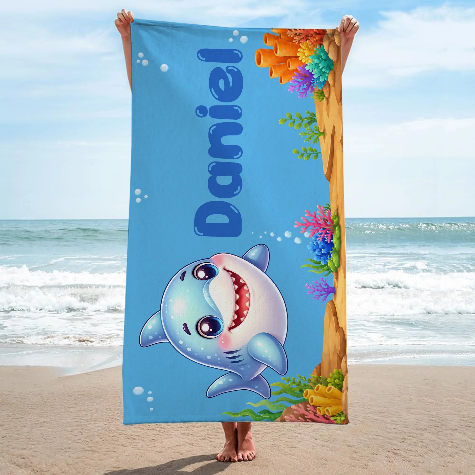 Cute Cartoon Fish Personalized Kids Beach Towel - Custom Name for Summer Vacation and Pool Days