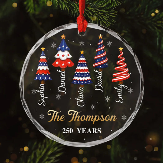 250 Years of America Family Names Christmas Tree Glass Ornament - Custom Patriotic Holiday Keepsake Gift