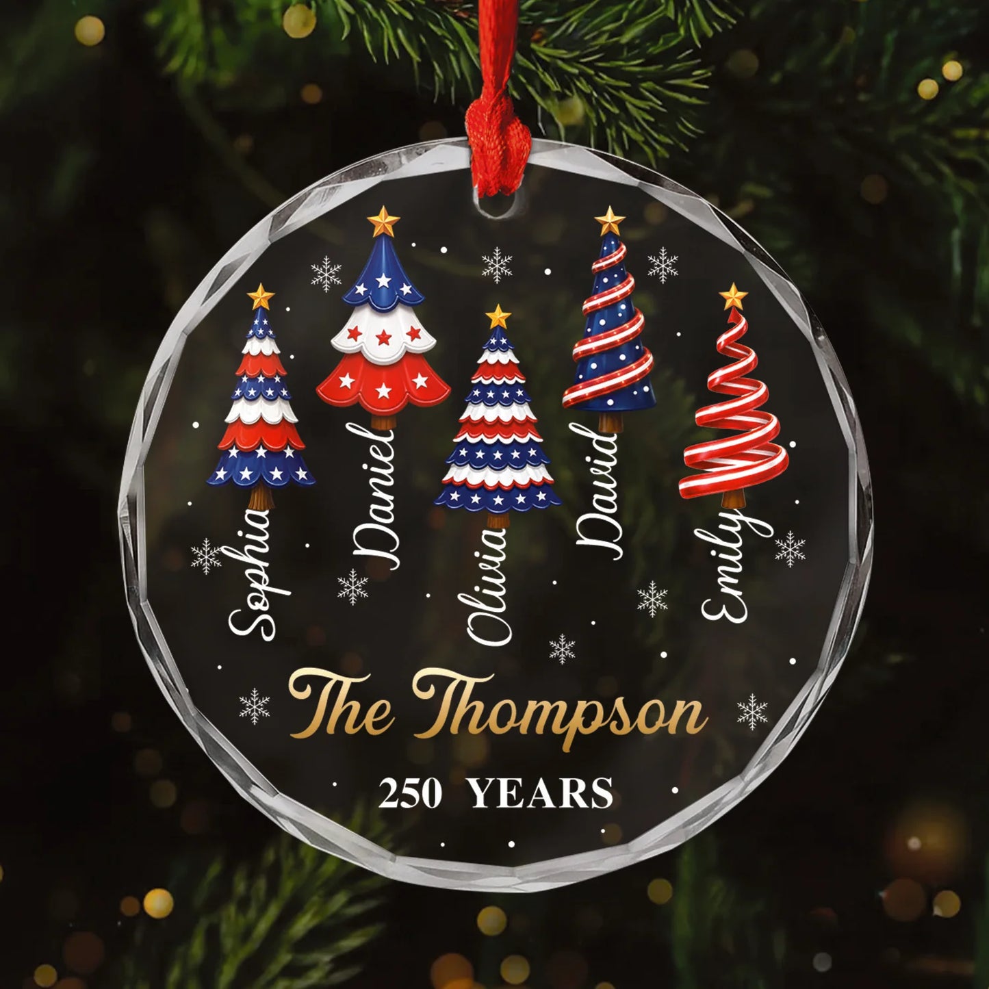 250 Years of America Family Names Christmas Tree Glass Ornament - Custom Patriotic Holiday Keepsake Gift