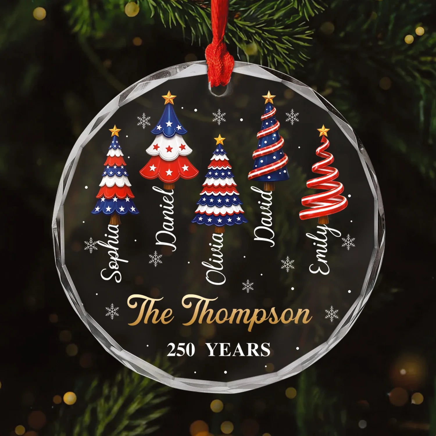 250 Years of America Family Names Christmas Tree Glass Ornament - Custom Patriotic Holiday Keepsake Gift
