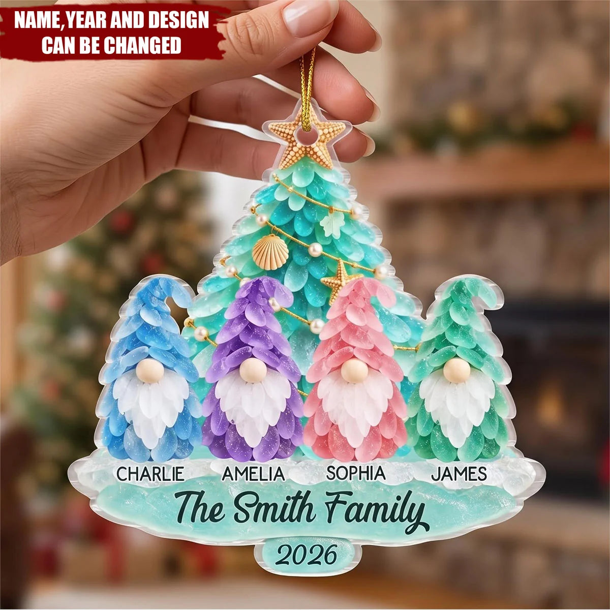 Personalized Coastal Christmas Ornament - Custom Sea Glass Gnome Tree Gift for Family