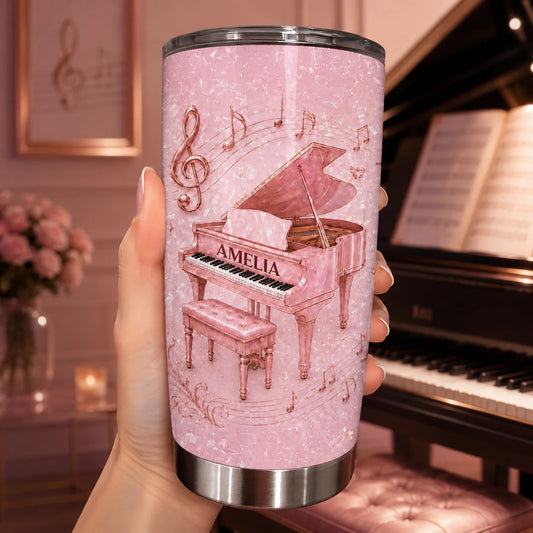 Pink Grand Piano Musical Notes Personalized Tumbler - Custom Gift for Pianist Music Lovers