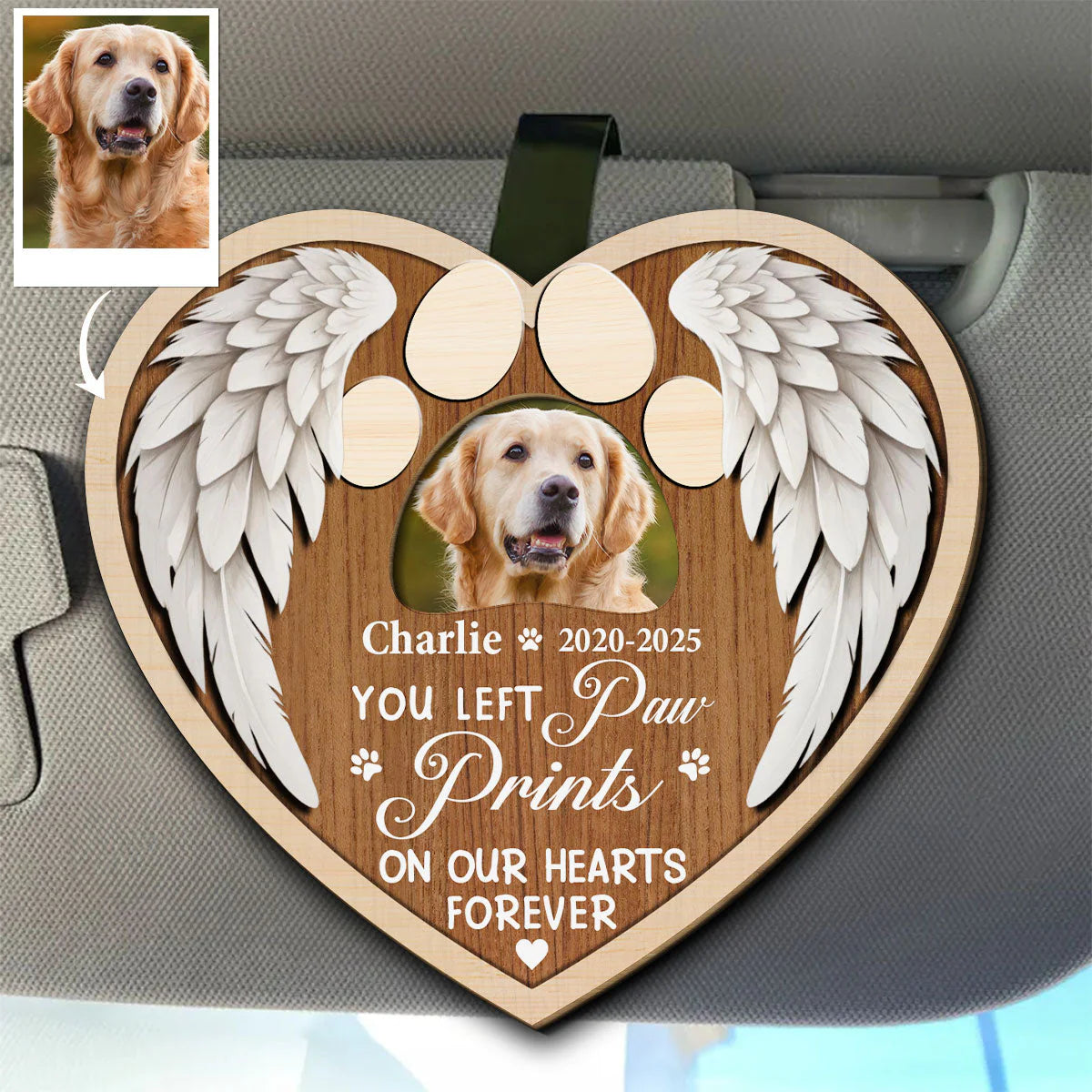 Personalized pet memorial car visor clip with dog photo and angel wings for grieving pet owners