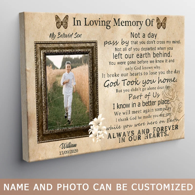 "Always & Forever in Our Hearts" Personalized Memorial Canvas / Poster for Son - Custom Photo Loss of Son Keepsake Wall Art