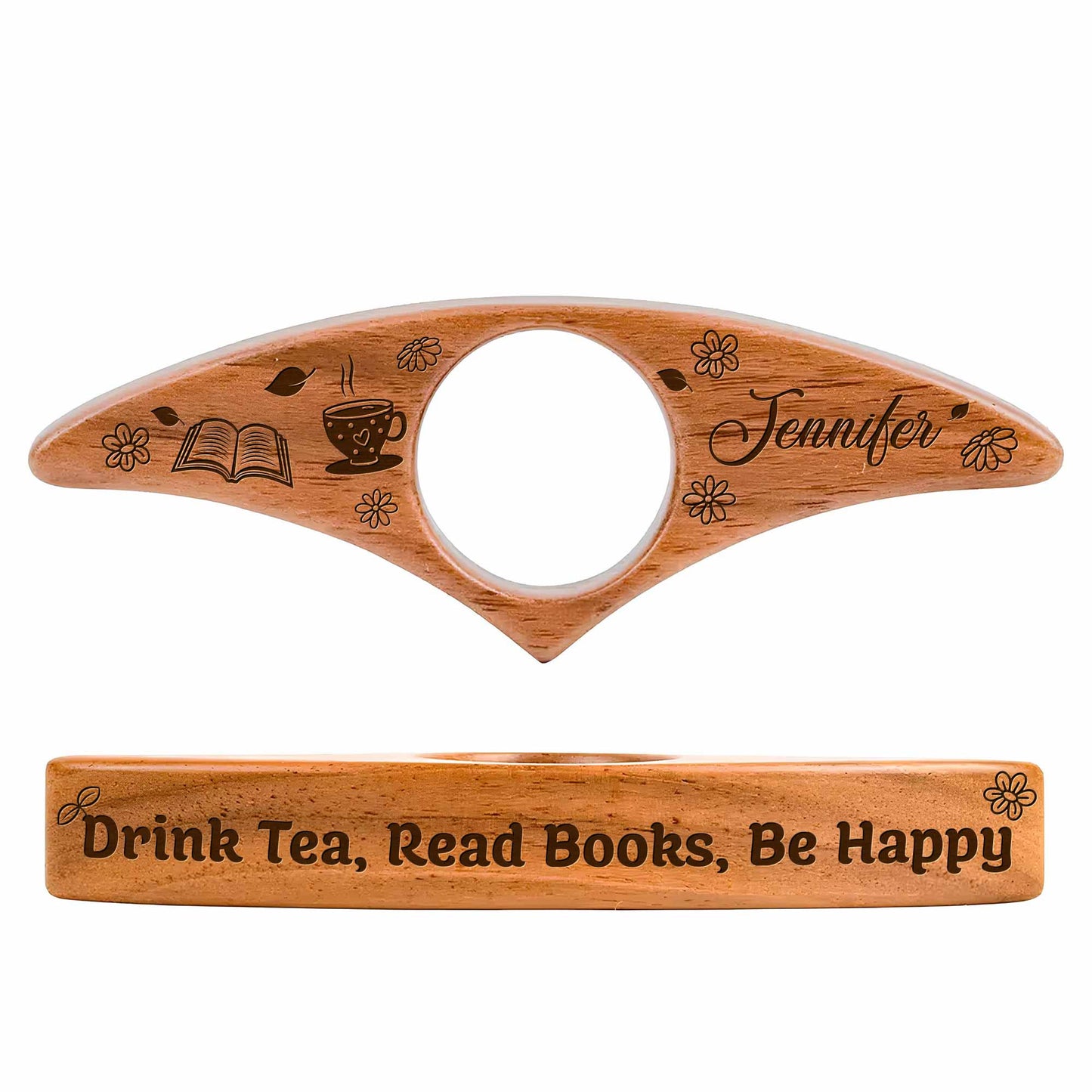 Personalized wooden book page holder engraved with name and Drink Wine Read Books Be Happy quote for readers image 10