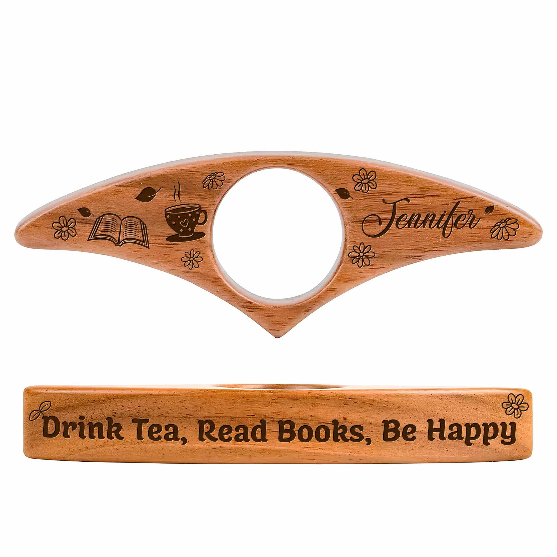 Personalized wooden book page holder engraved with name and Drink Wine Read Books Be Happy quote for readers image 10