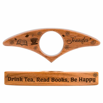 Personalized wooden book page holder engraved with name and Drink Wine Read Books Be Happy quote for readers image 10