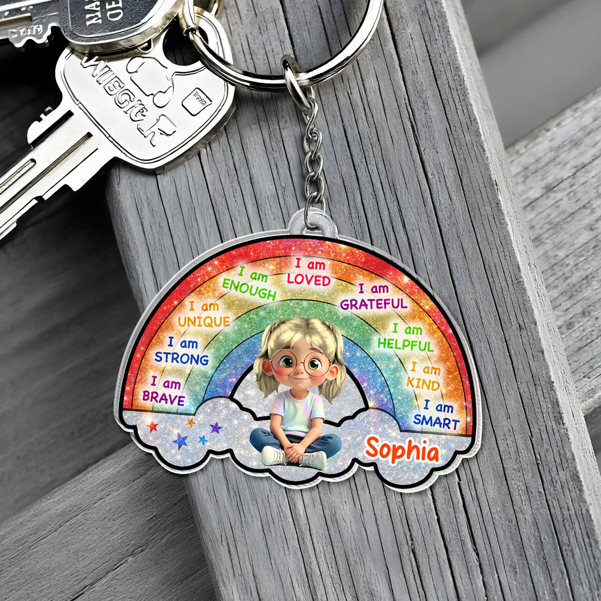 I Am Loved, I Am Grateful, Cartoon Girl Keychain