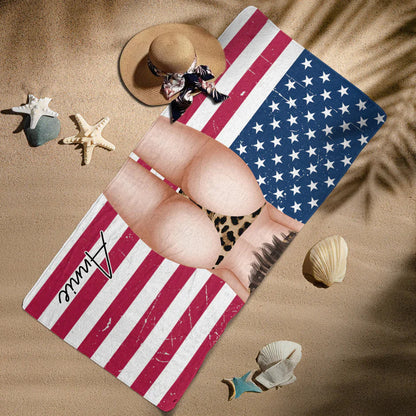 Personalized patriotic beach towel with custom name text and a US flag bikini design for summer beach gifts image 6
