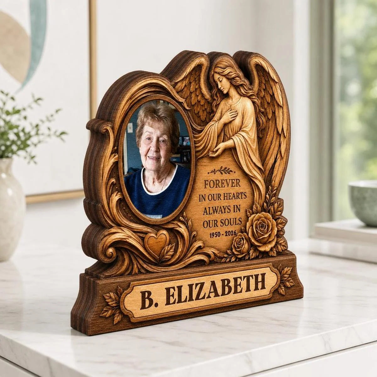 Forever In Our Hearts Personalized Memorial Wooden Block - Custom Angel Photo Gift for Family