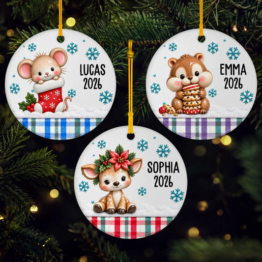 Cute Christmas Animal Ceramic Ornament - Personalized Kids Name Holiday Gift