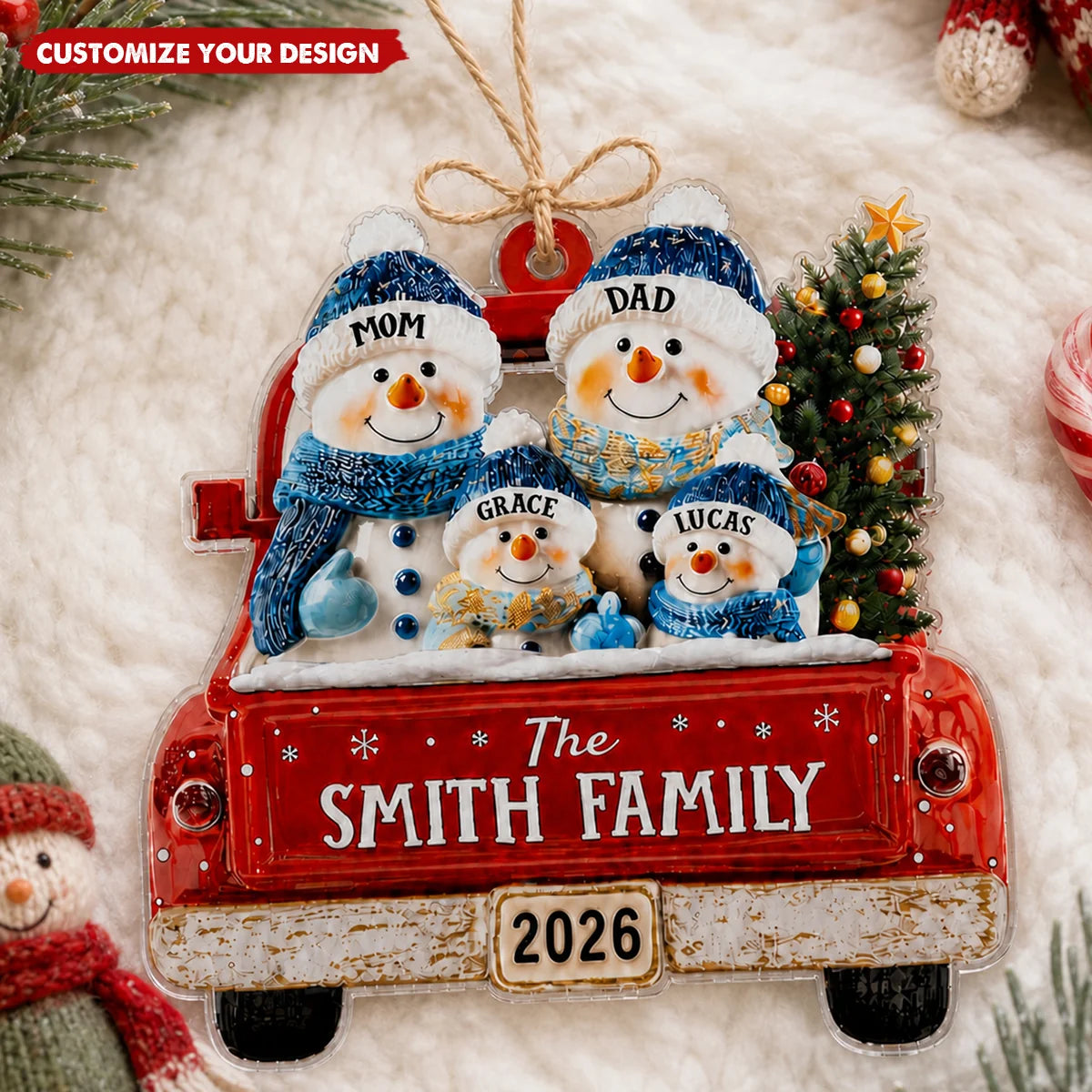 Personalized Snowman Family Acrylic Ornament - Custom Red Truck Christmas Keepsake