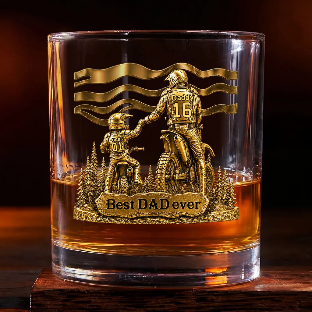 Best Dad Ever Custom Biker Whiskey Glass - Personalized Dad Biker Gifts