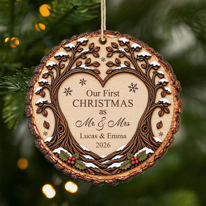 "Our First Christmas as Mr & Mrs" Personalized Wood Ornament - Keepsake Gift for Couples