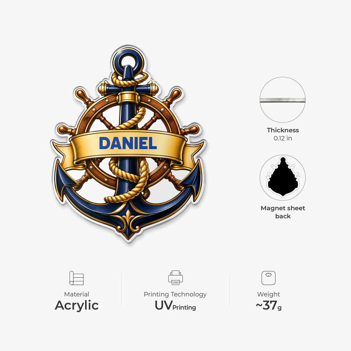 Personalized Nautical Anchor Acrylic Magnet - Custom Name Sailor Gift for Him / Her