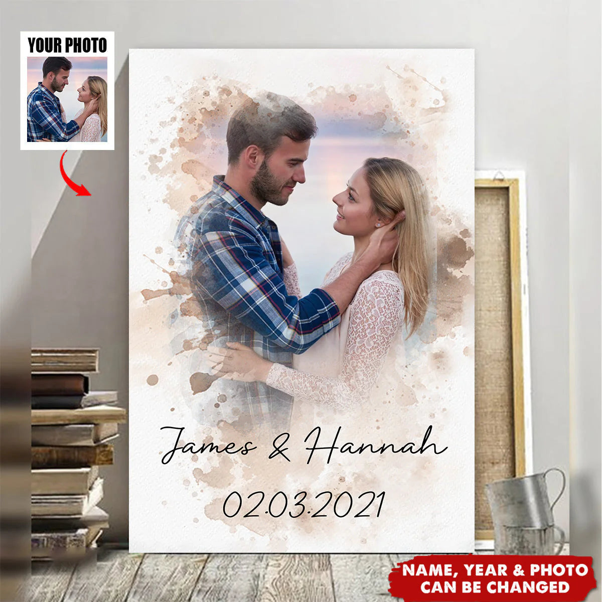Custom Watercolor Couple Portrait for Wife with personalized design details for meaningful gifting