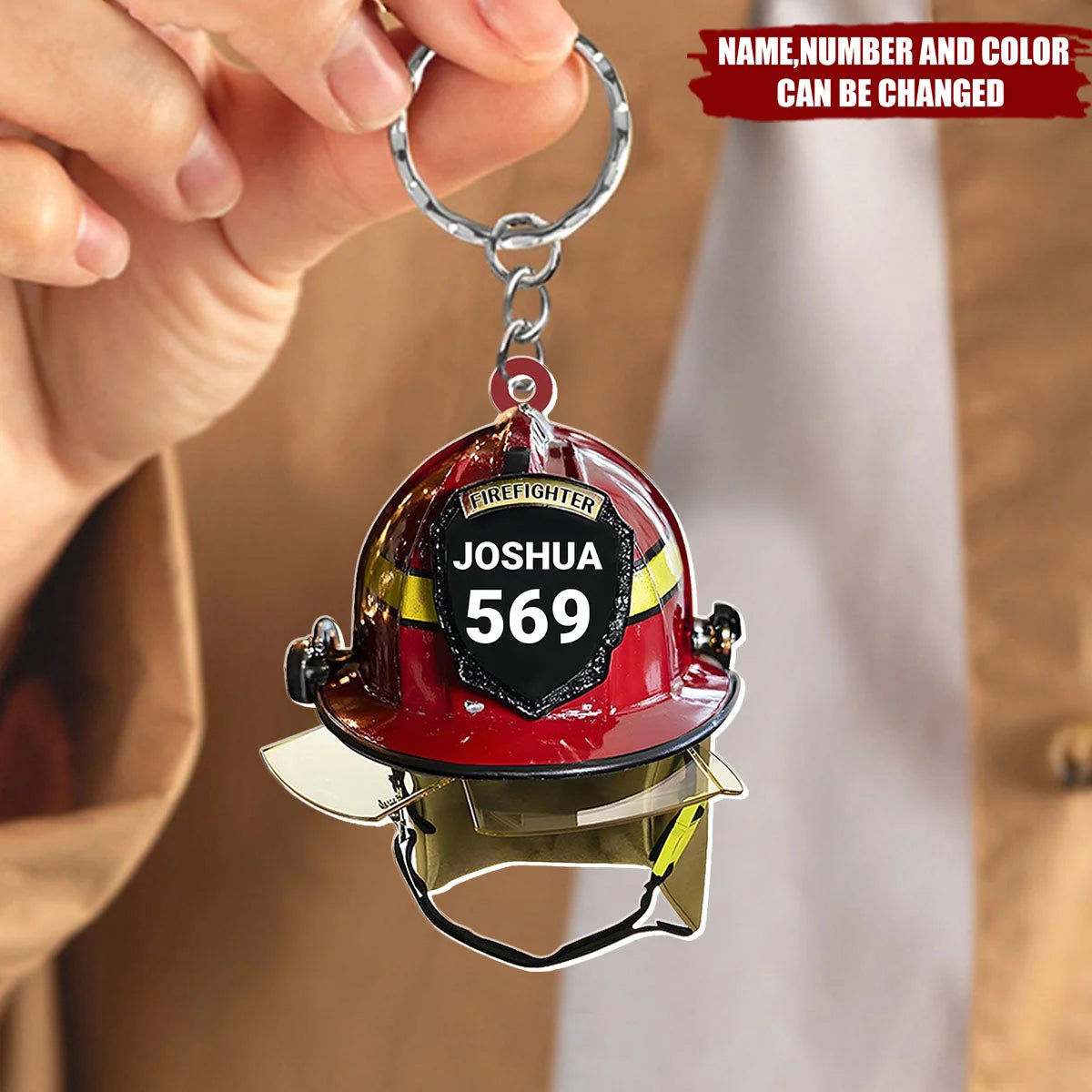 Custom Firefighter Helmet Acrylic Keychain - Personalized Name & Number Keepsake Gift for Dad, Husband