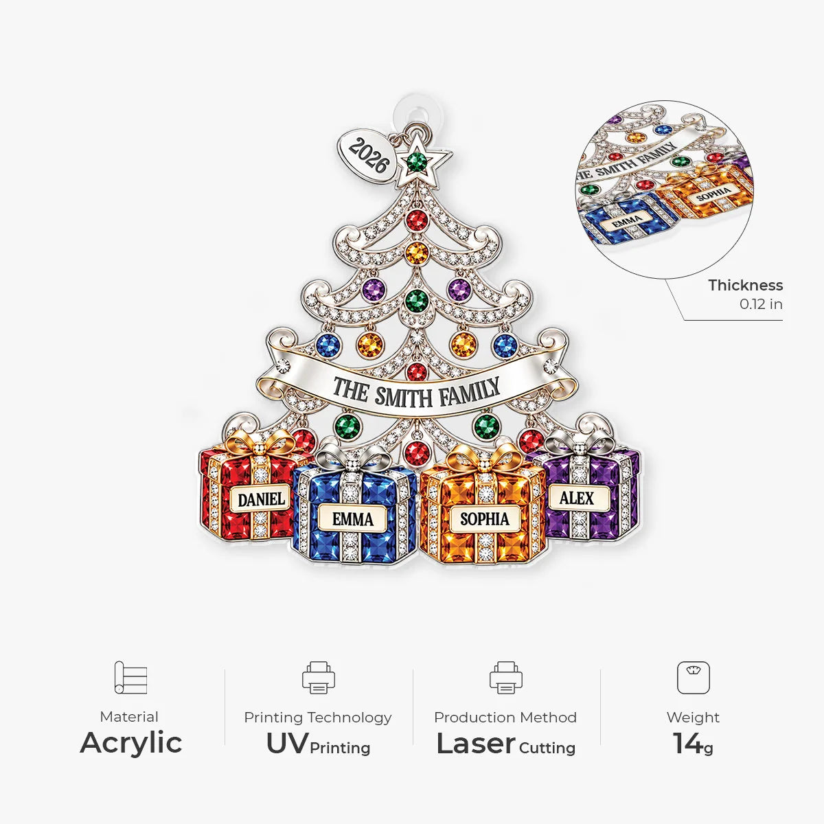 Sparkling Jewel Tree Personalized Acrylic Ornament - Custom Names for Family Christmas Keepsake