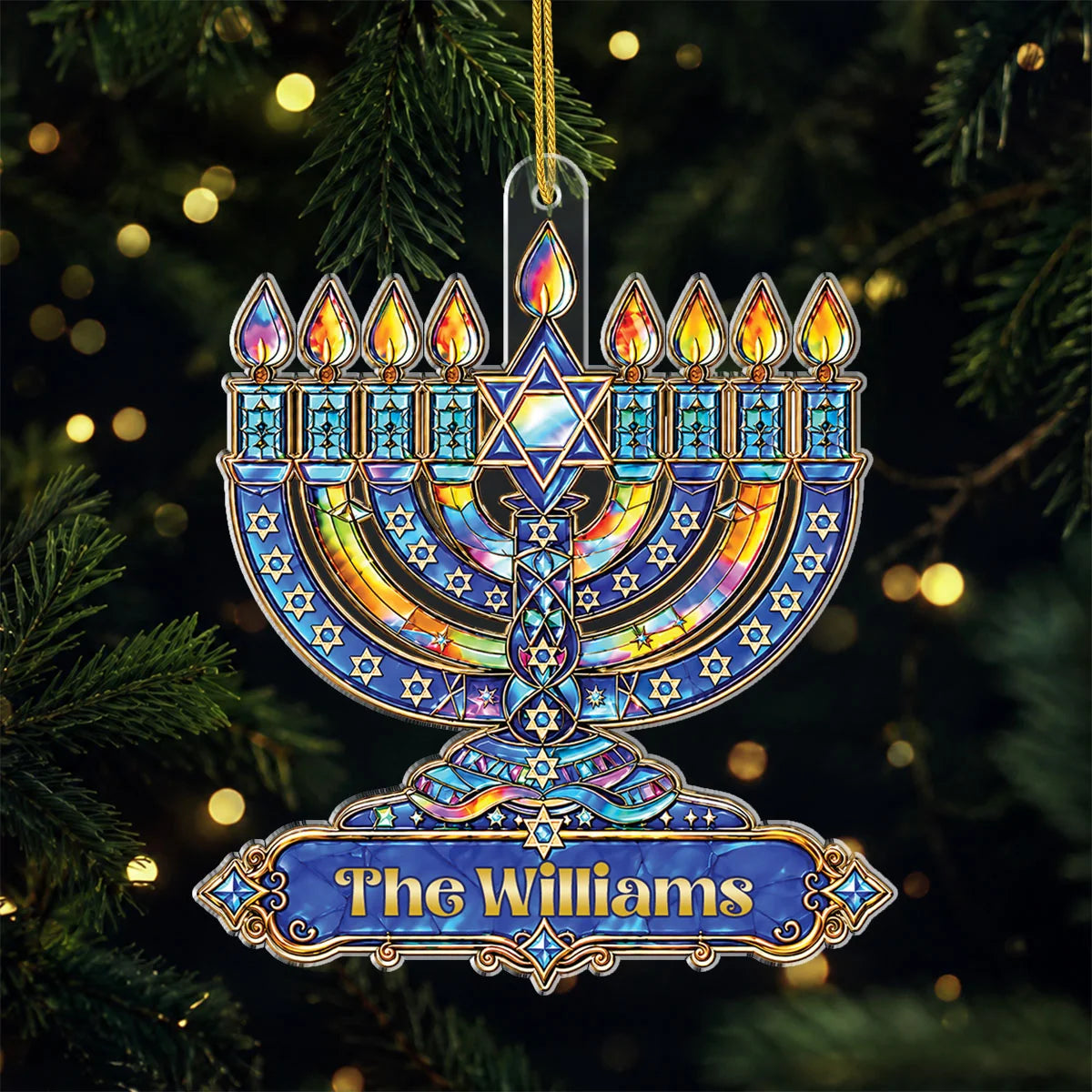 Stained Glass Menorah Ornament Personalized Hanukkah Keepsake - Custom Family Chanukah Gift