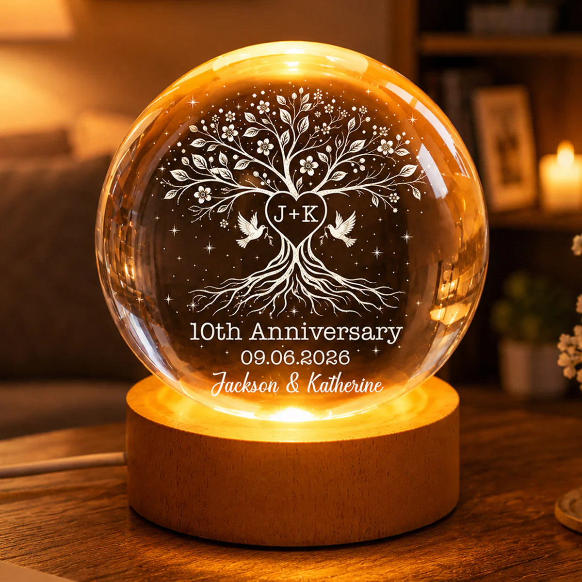 Personalized anniversary crystal ball night light with 3D inner laser engraved tree of love and couple initials