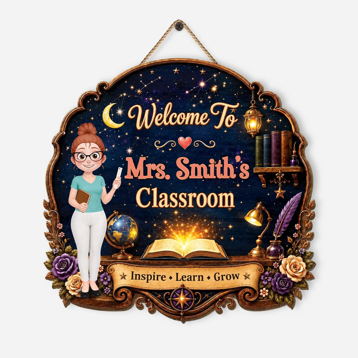 Welcome To Classroom Inspire Learn Grow - Personalized Teacher Wood Sign Door Hanger Decor