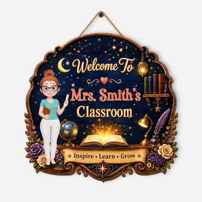 Welcome To Classroom Inspire Learn Grow - Personalized Teacher Wood Sign Door Hanger Decor