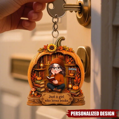 "Just a Girl Who Loves Books" Personalized Book Lover Keychain - Custom Fall Pumpkin Gift