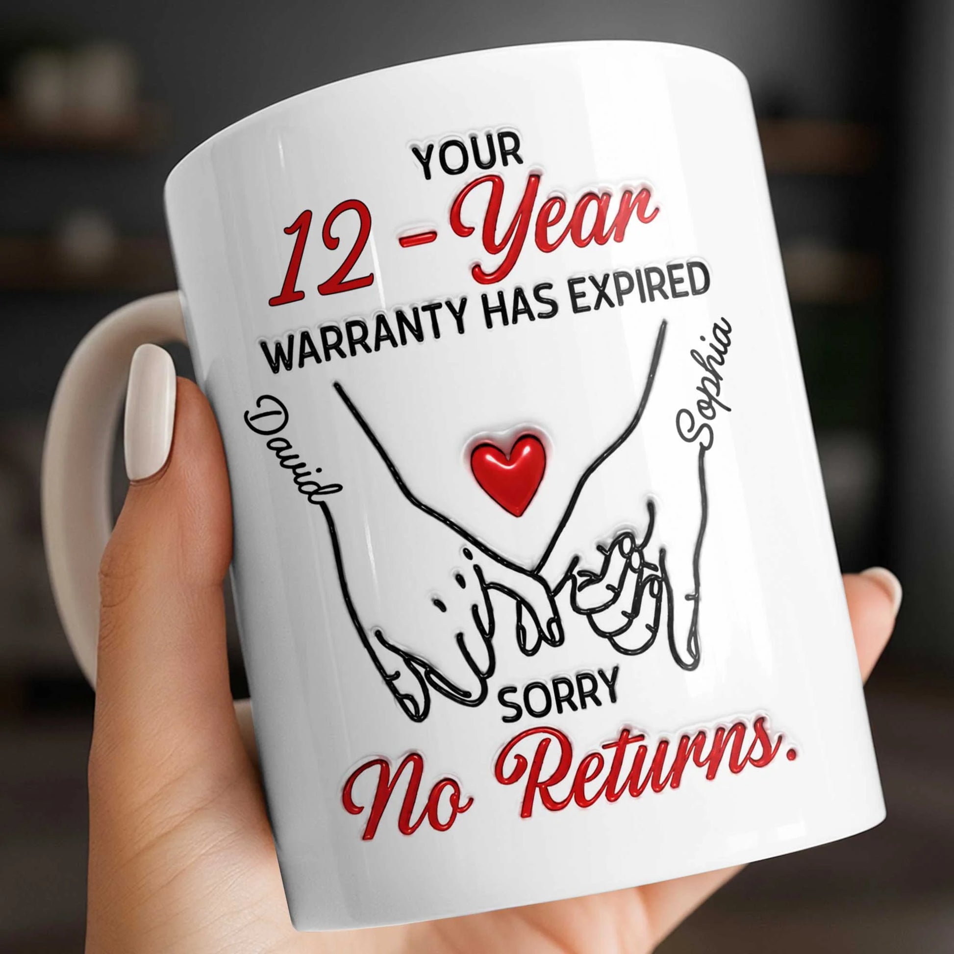 Personalized custom anniversary mug with a funny warranty expired quote and holding hands illustration image 6