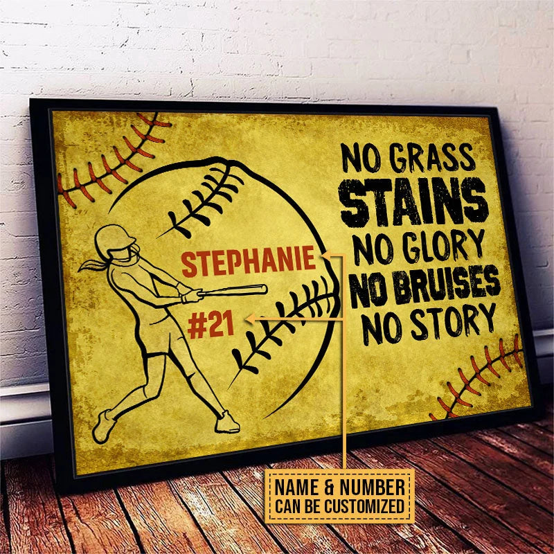 "No Grass Stains No Glory" Personalized Softball Canvas / Poster - Custom Wall Art Gift for Players