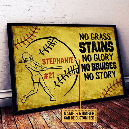 "No Grass Stains No Glory" Personalized Softball Canvas / Poster - Custom Wall Art Gift for Players