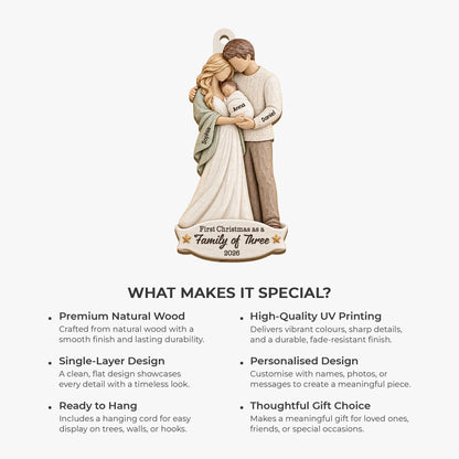 First Christmas as a Family of Three - Personalized Wooden Ornament for New Parents Gift