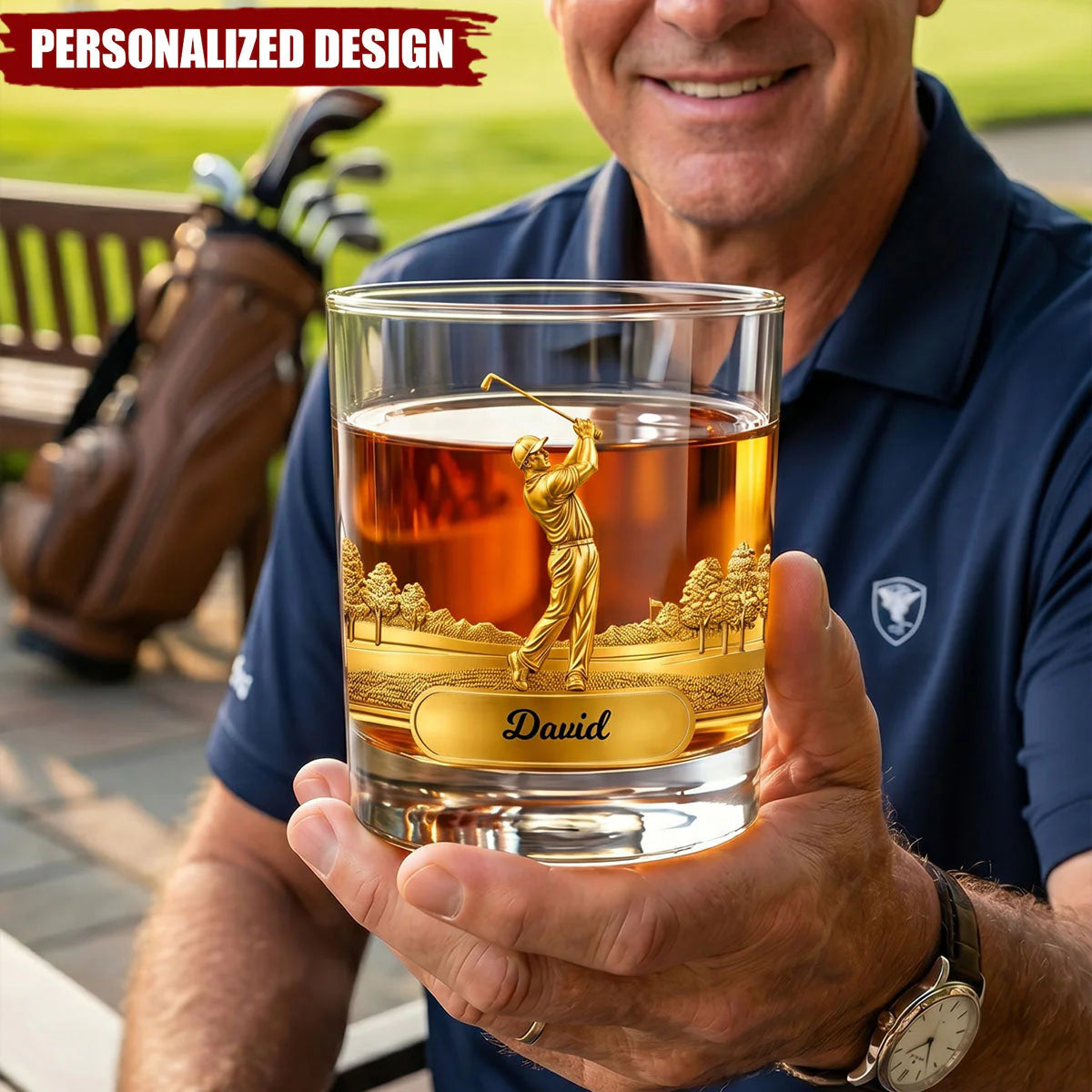 Custom Golf Whiskey Glass personalization view for Dad