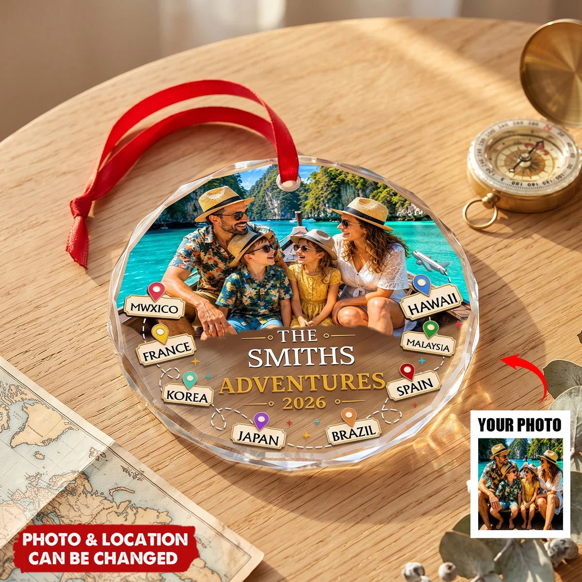 Making Memories Around The World Personalized Glass Ornament - Custom Family Vacation Keepsake